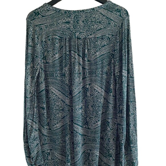 LUCKY BRAND Paisley Green White Long Sleeves Brown Button Neck/Wrist Blouse 1X - Picture 3 of 9